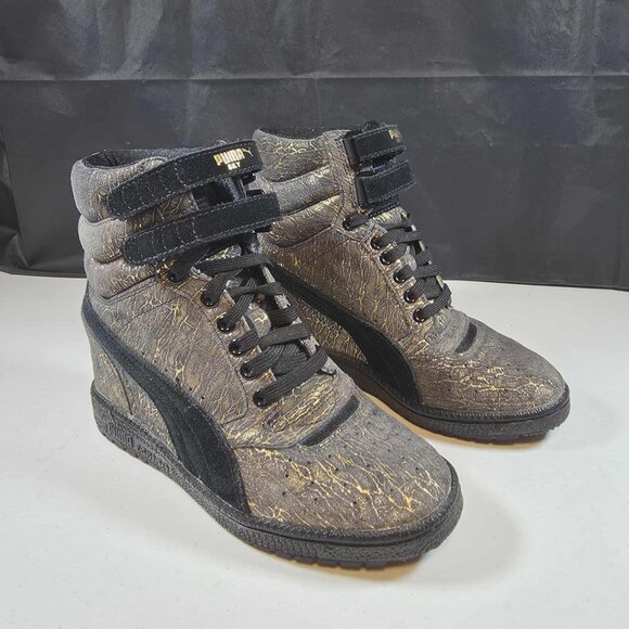 PUMA SKY WEDGE HIGH TOP SNEAKERS SHOES GOLD GRAY IRIDESCENT WOMENS SIZE 7 - Picture 2 of 7